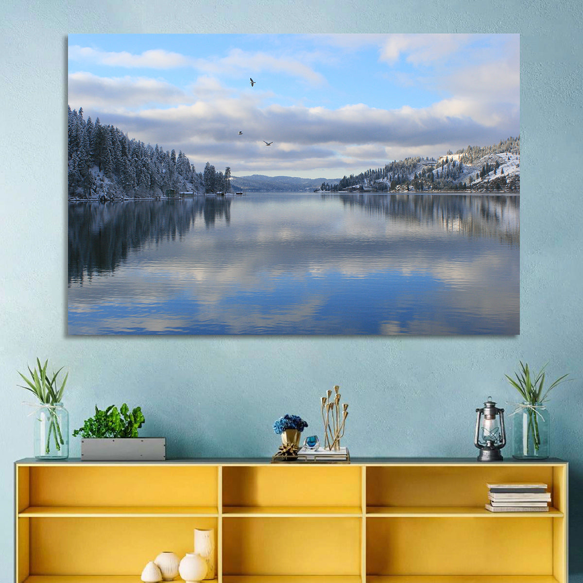 Coeur D Alene Winter Lake Reflection Wall Art in a room, landscape