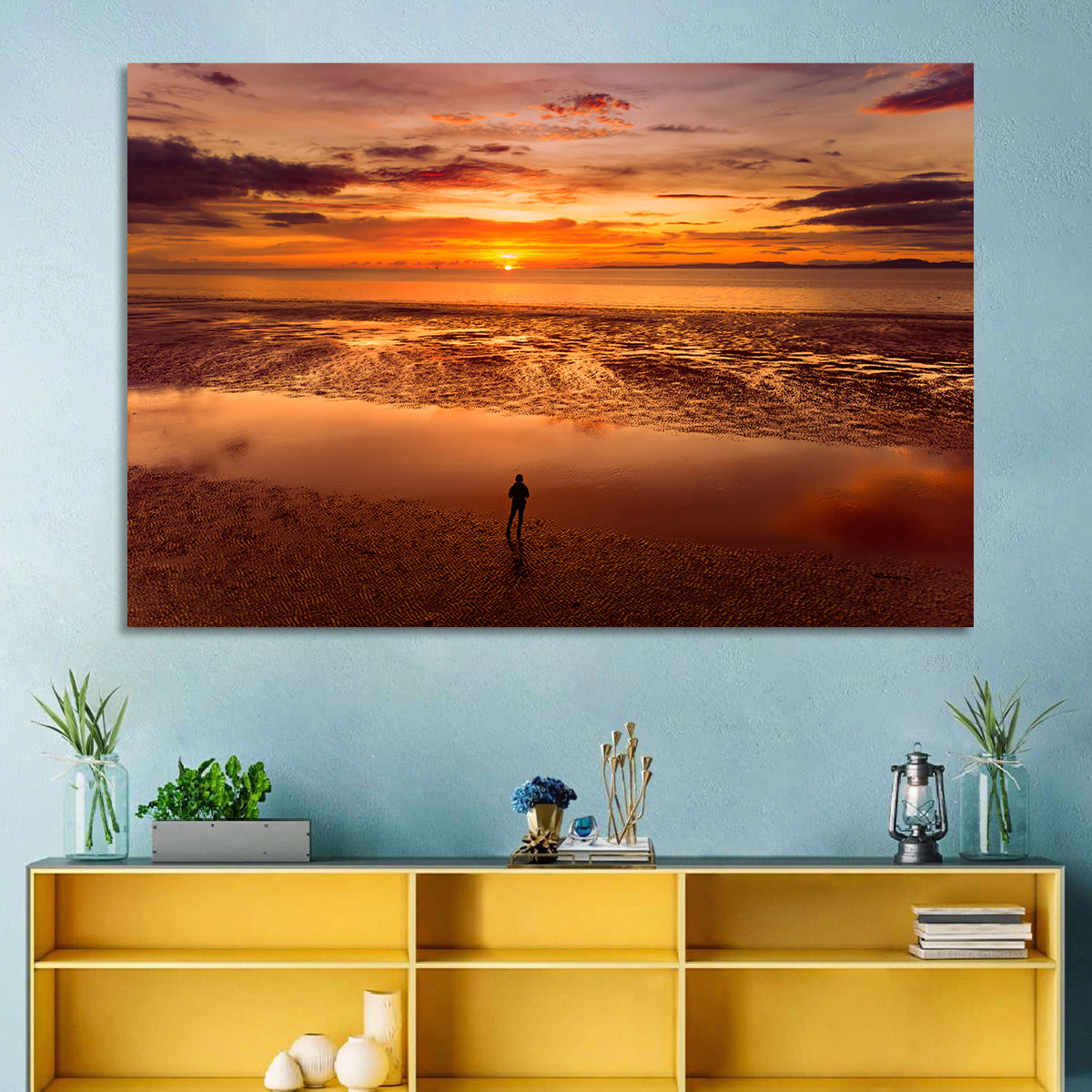 Solitary Figure on Sunset Shore Wall Art in a room, landscape