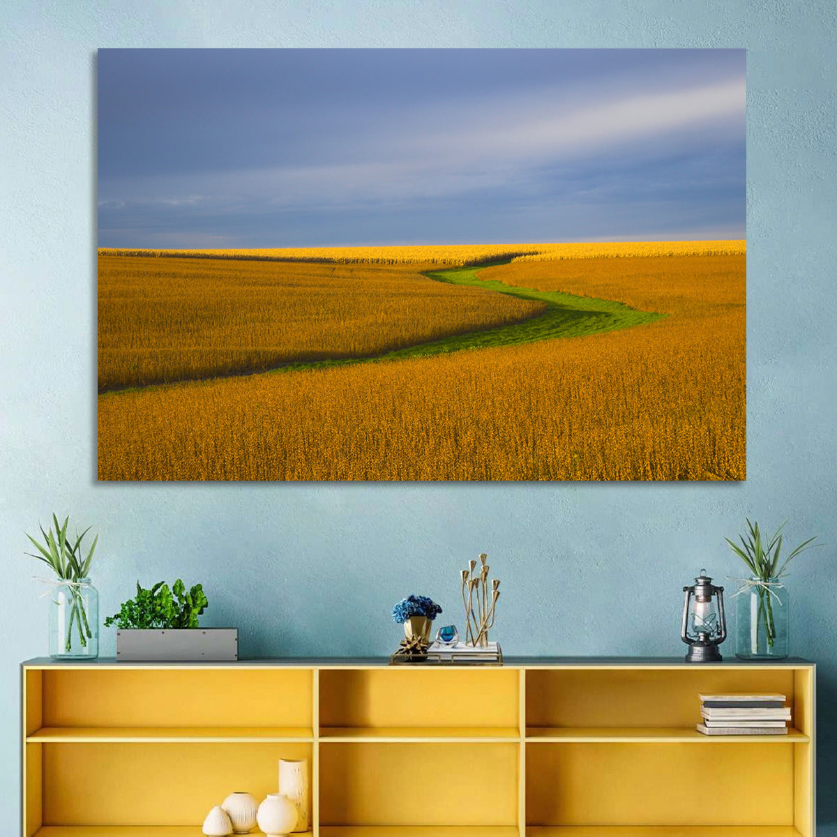 Golden Hour Soybean Field Wall Art in a room, landscape
