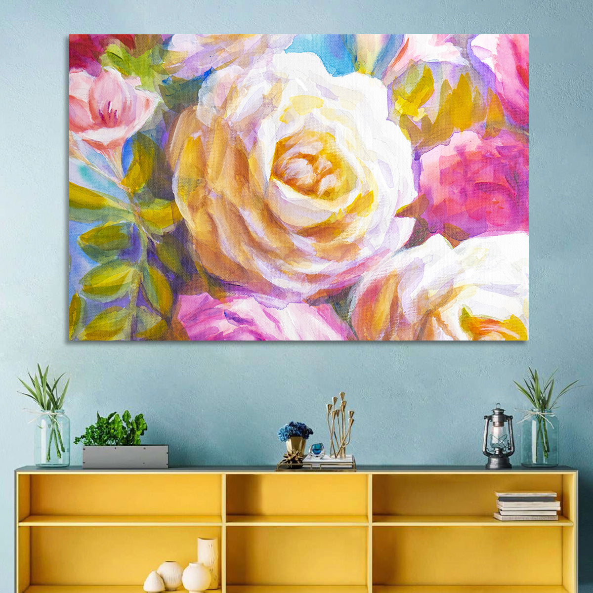 White and Gold Rose Bouquet Wall Art in a room, landscape