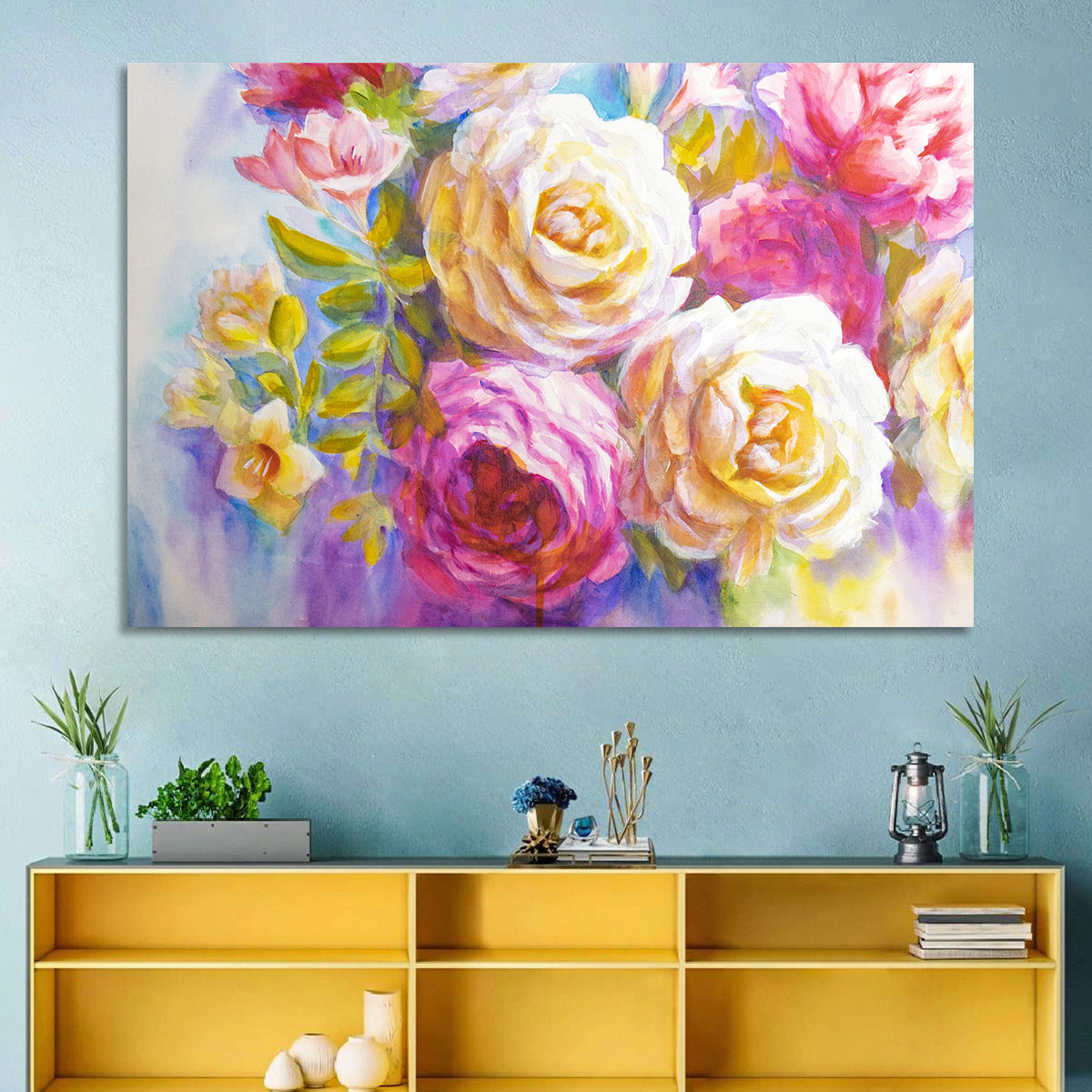 Layered Watercolor Rose Bouquet Wall Art in a room, landscape