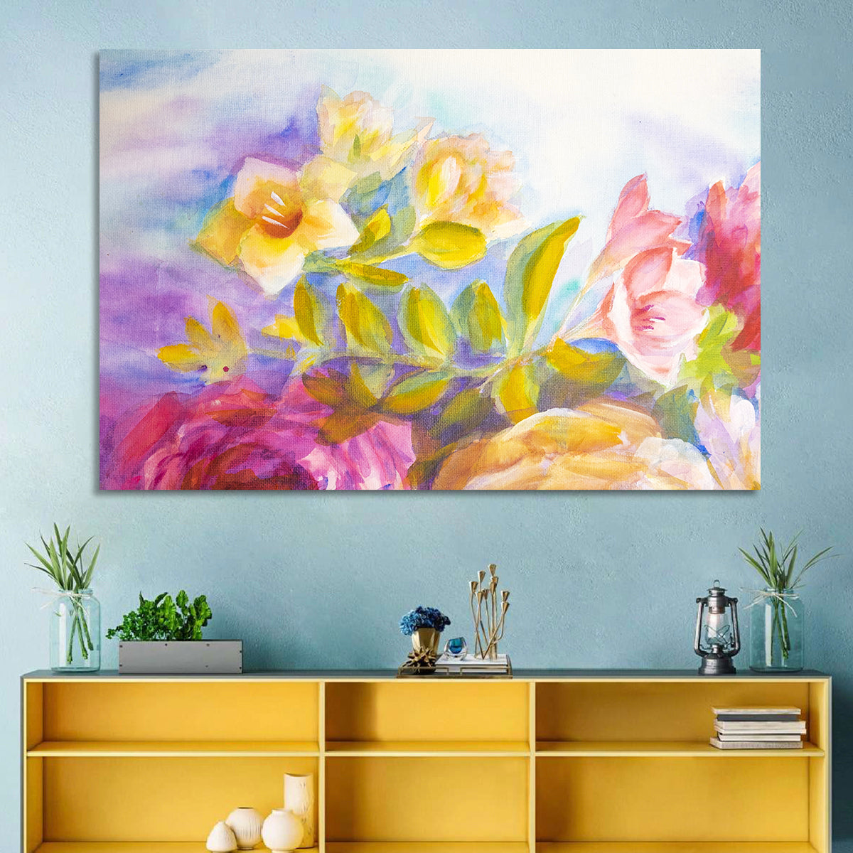 Pink and Yellow Watercolor Blossoms Wall Art in a room, landscape