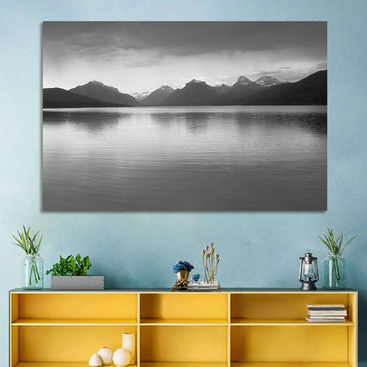 Lake Mcdonald Monochrome Reflection Wall Art in a room, landscape