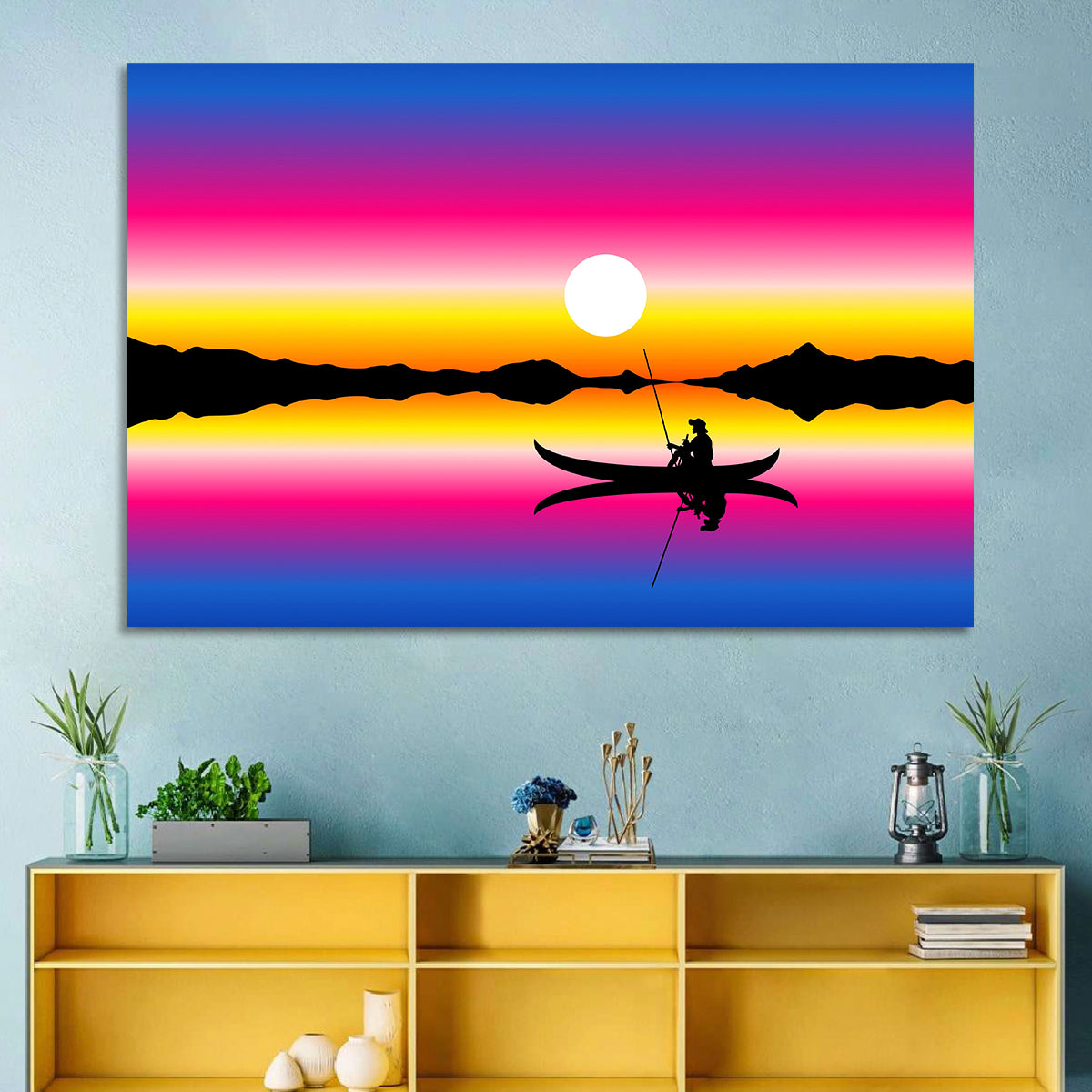 Fisherman Silhouette at Sunset Wall Art in a room, landscape
