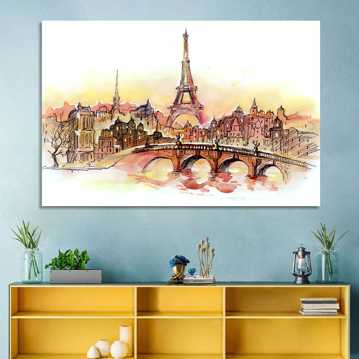 Eiffel Tower Watercolor at Dusk Wall Art in a room, landscape