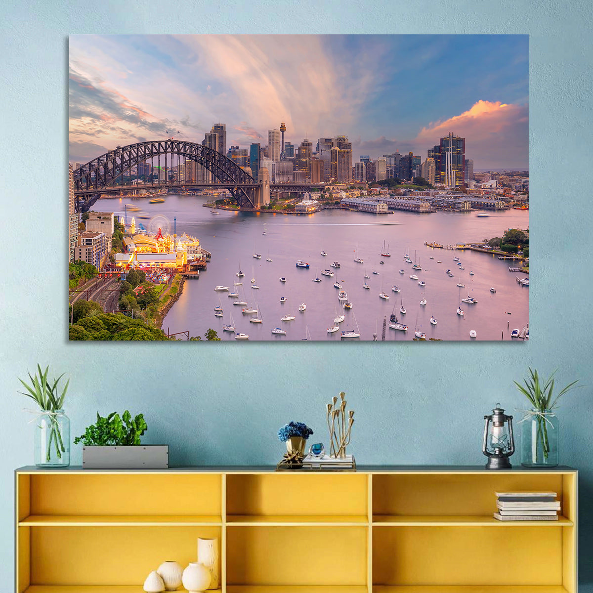 Sydney Harbour Bridge at Golden Twilight Wall Art in a room, landscape