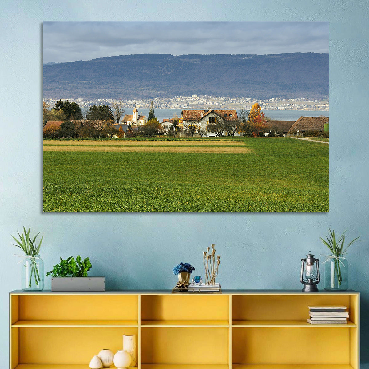 Lake Neuchatel Countryside View Wall Art in a room, landscape