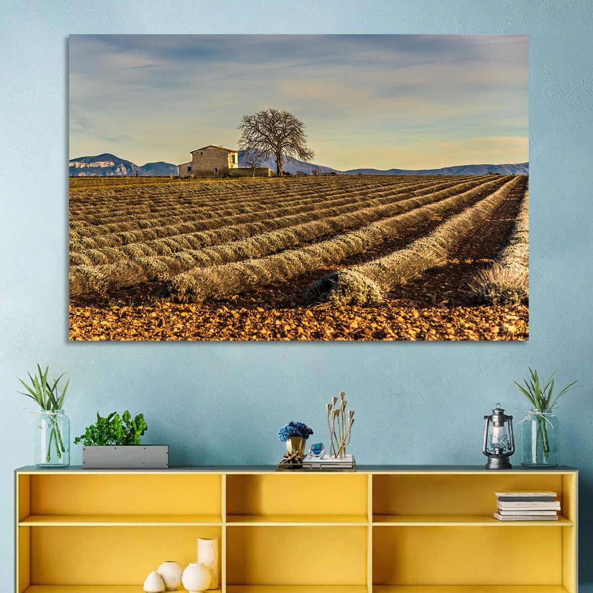 Rustic Provence Lavender Rows at Golden Hour Wall Art in a room, landscape