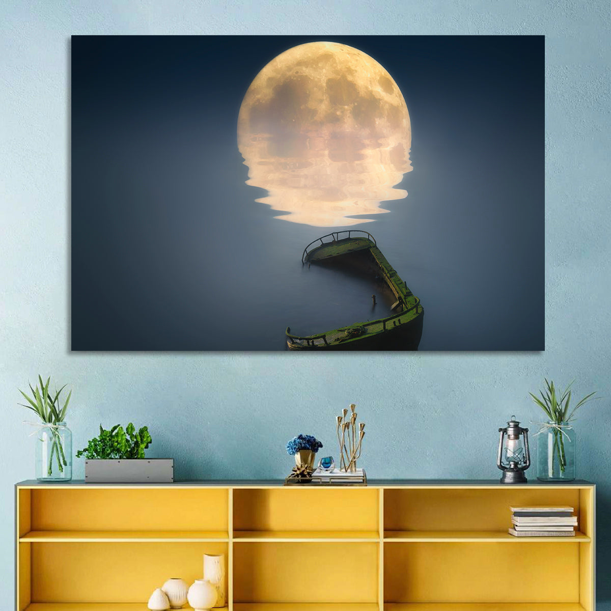 Moonlit Shipwreck Reflection Wall Art in a room, landscape