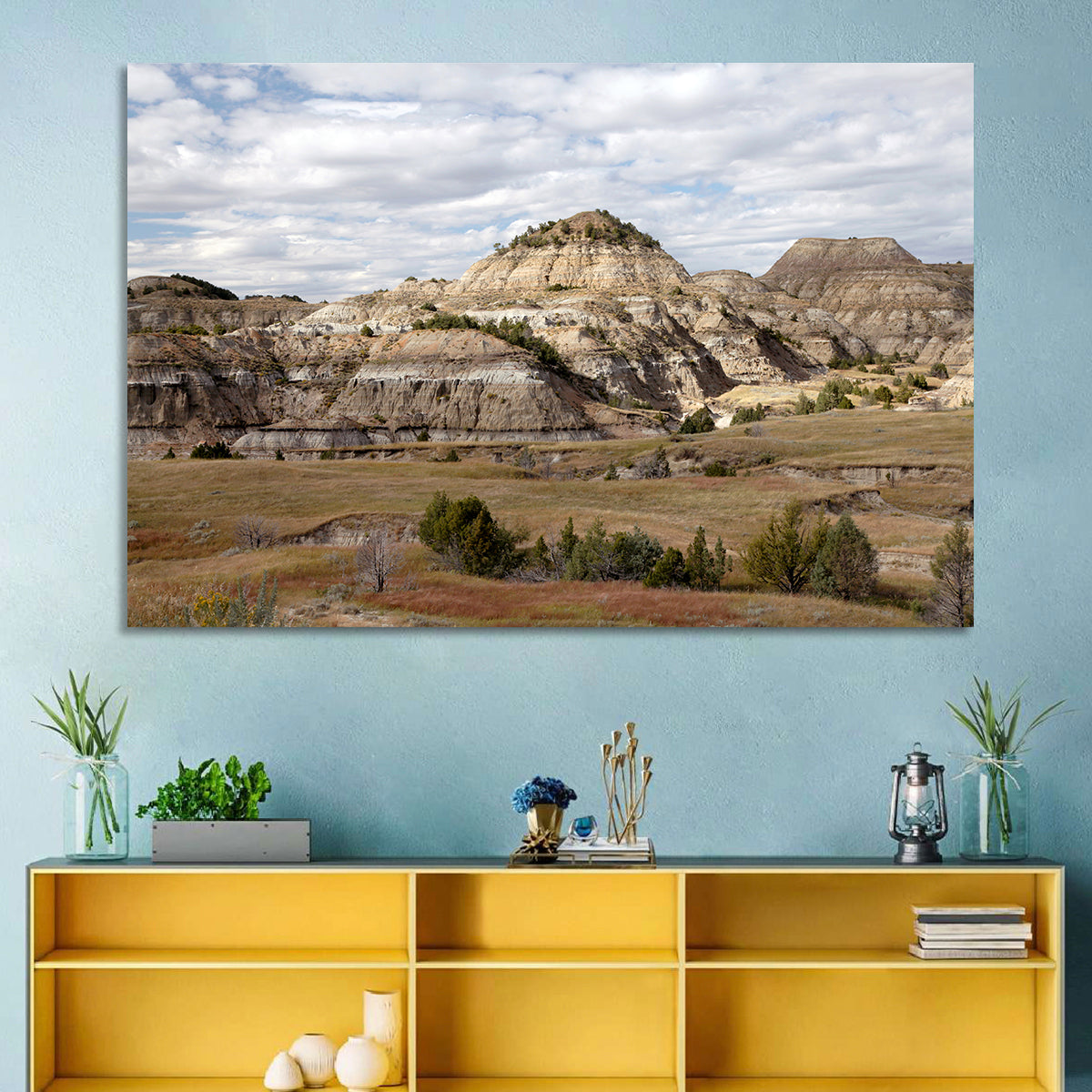 Theodore Roosevelt Badlands Vista Wall Art in a room, landscape