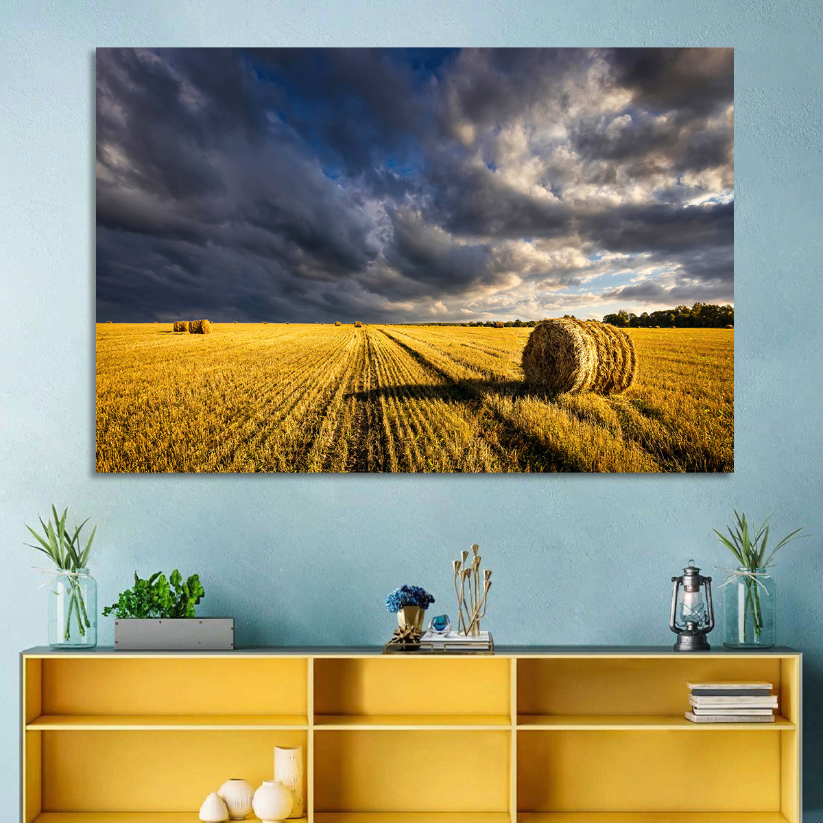 Hay Bale at Golden Hour Wall Art in a room, landscape