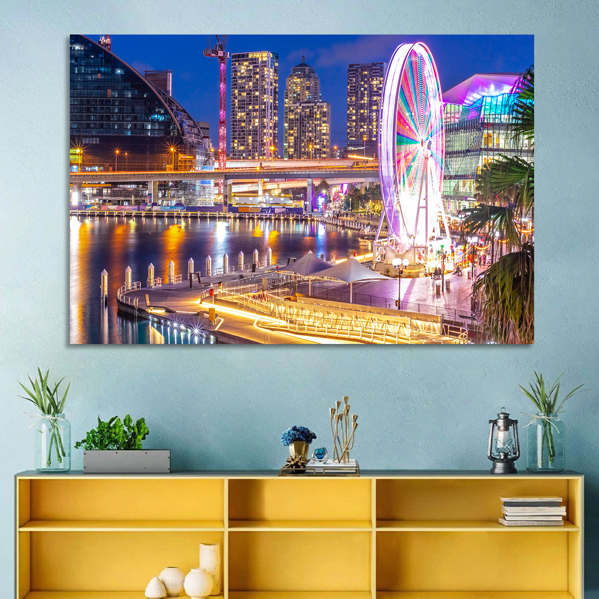Darling Harbour Nightscape Wall Art in a room, landscape