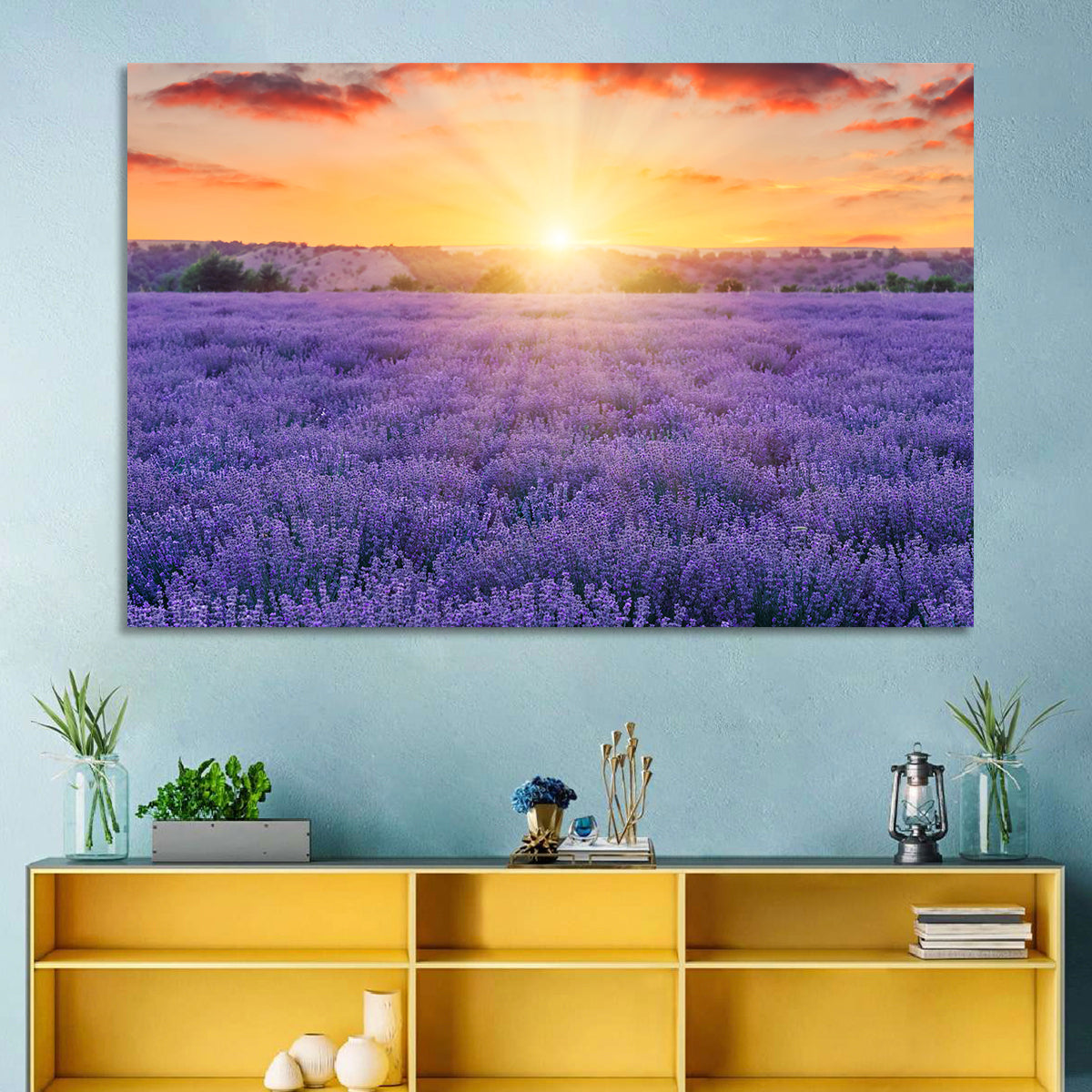 Lavender Field Sunburst Wall Art in a room, landscape