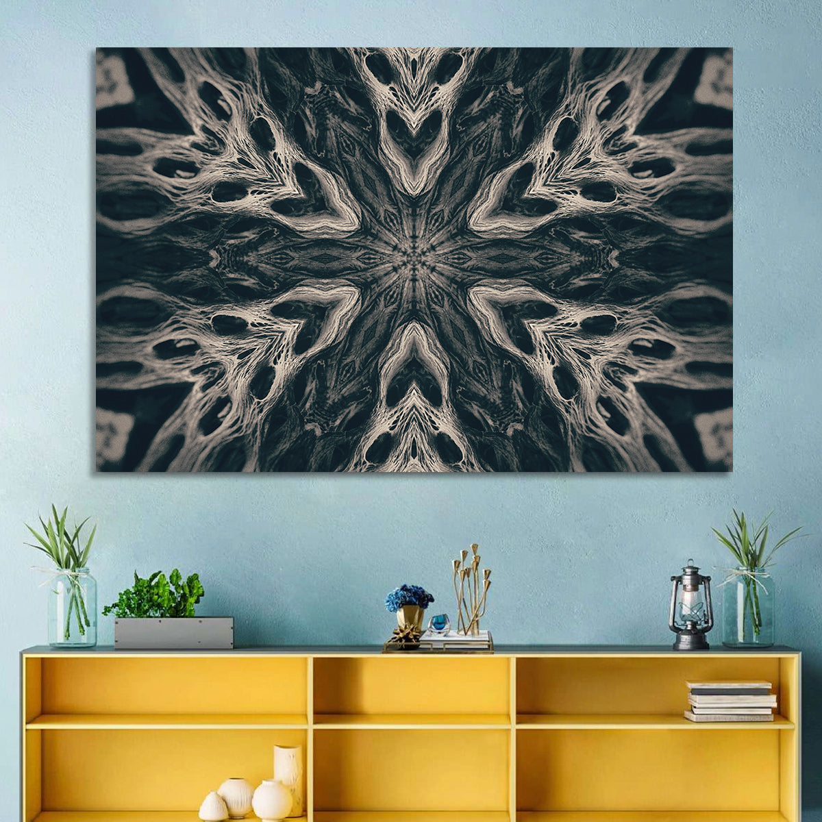 Black Gothic Demon Mandala Wall Art in a room, landscape