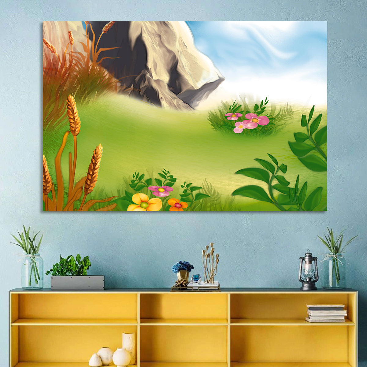 Sunny Mountain Meadow Illustration Wall Art