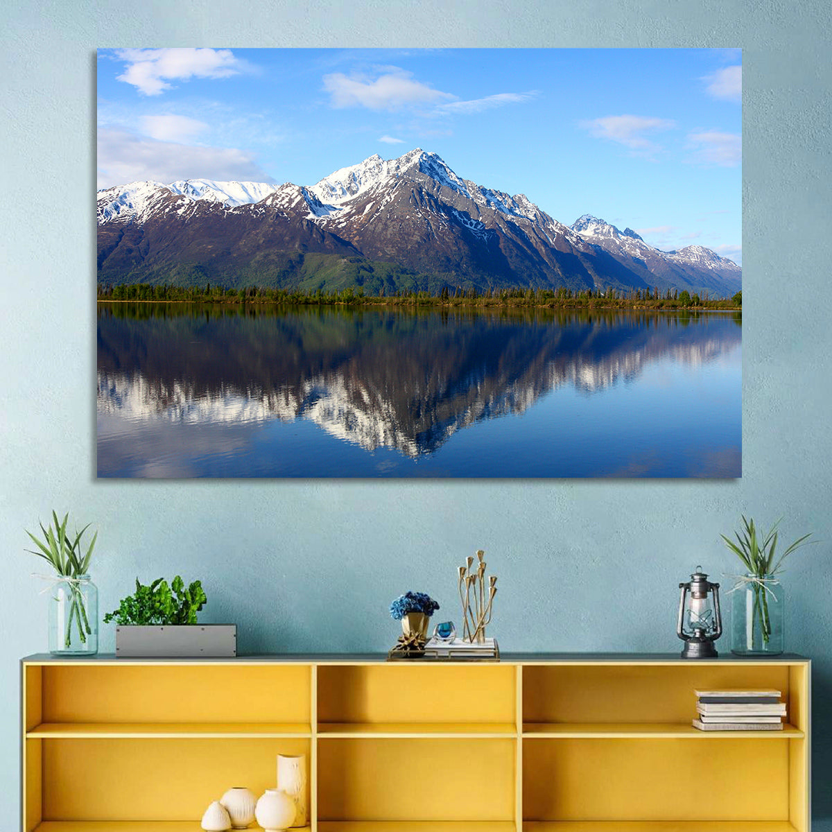 Pioneer Peak Reflected in Jim Lake Wall Art in a room, landscape