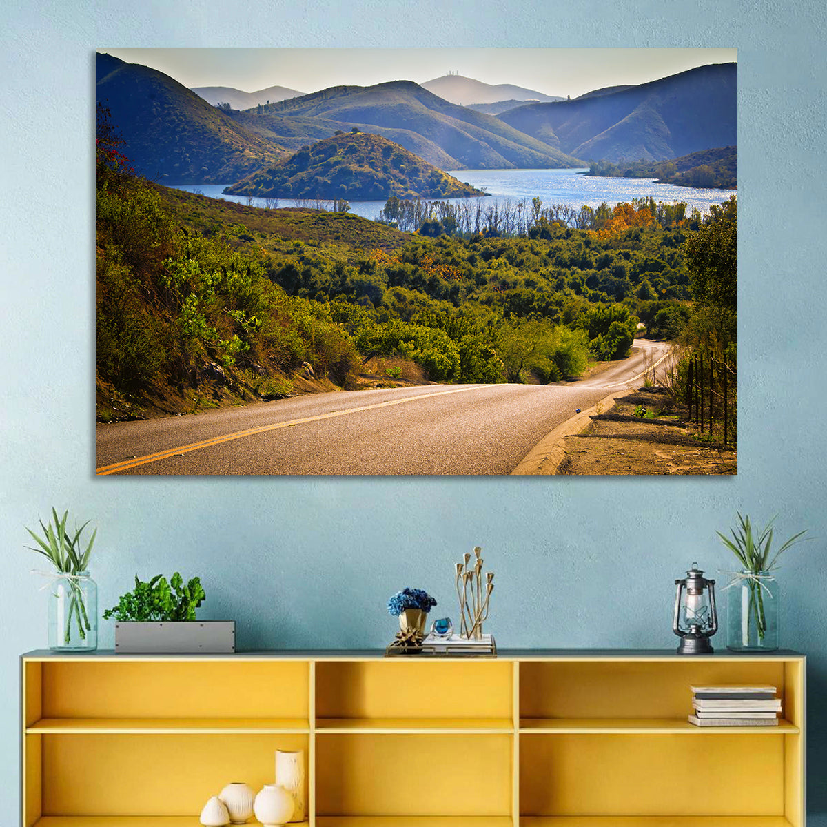 Lake Hodges Roadside Vista Wall Art in a room, landscape