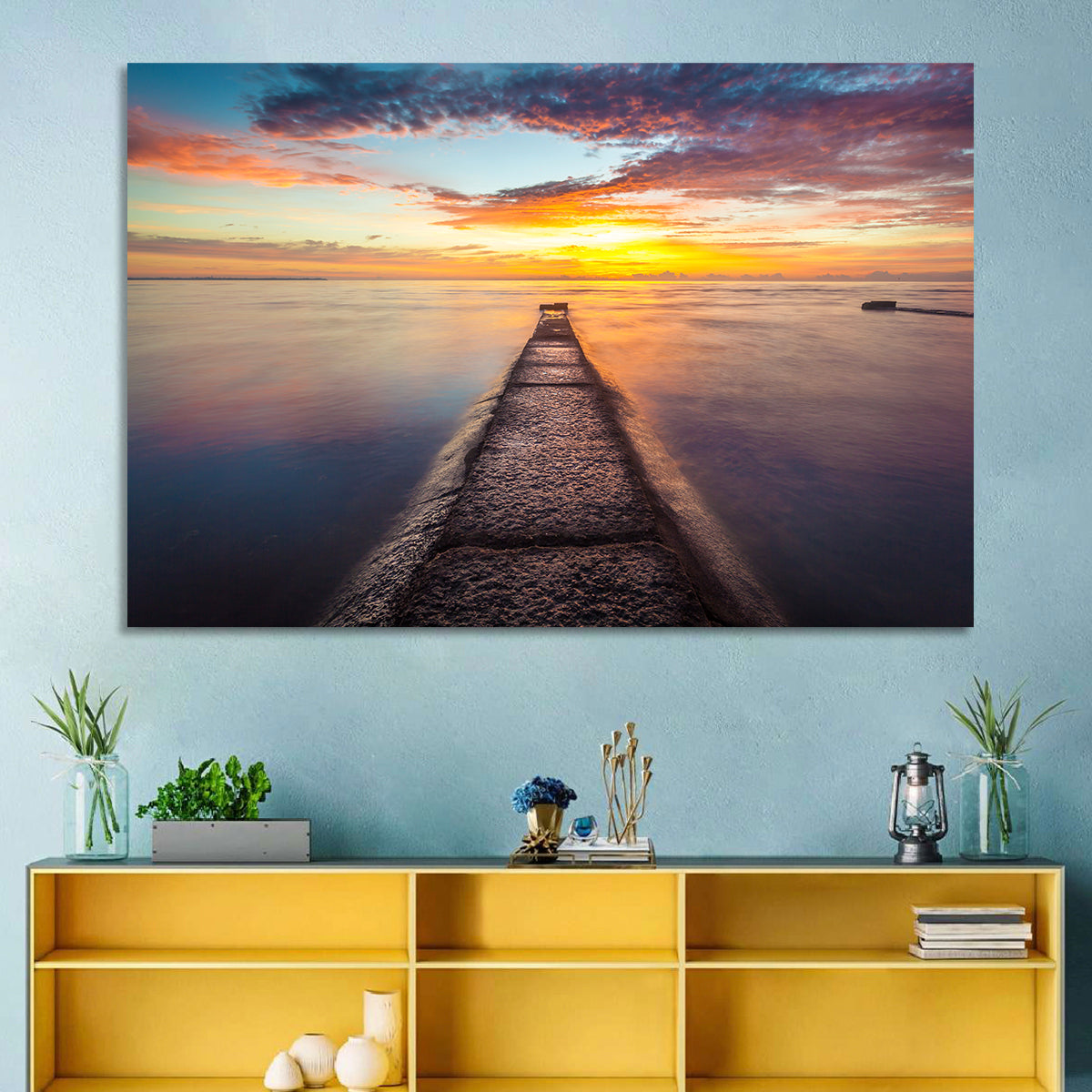 Stone Pier to Glowing Horizon Wall Art in a room, landscape
