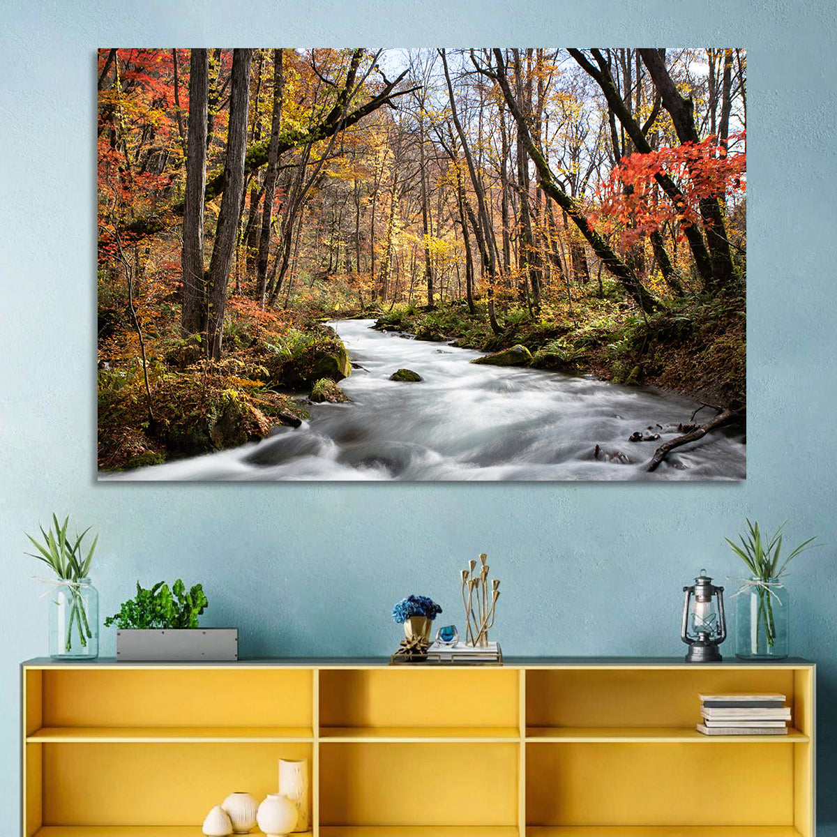 Sunlit Forest Stream Wall Art in a room, landscape