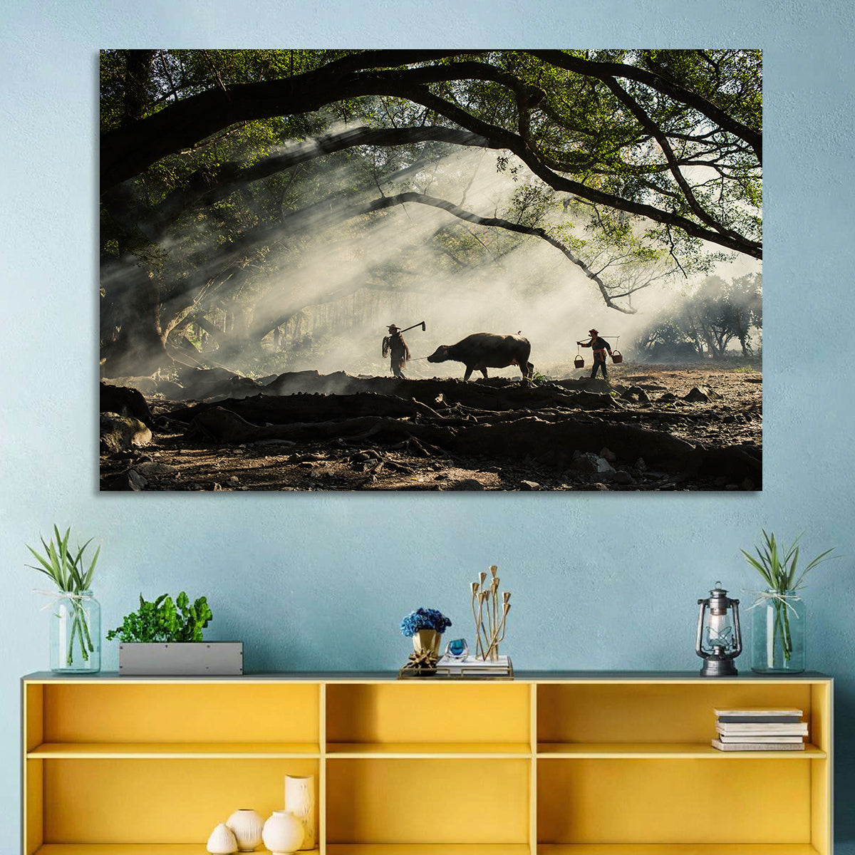 Village Morning with Buffalo Wall Art in a room, landscape