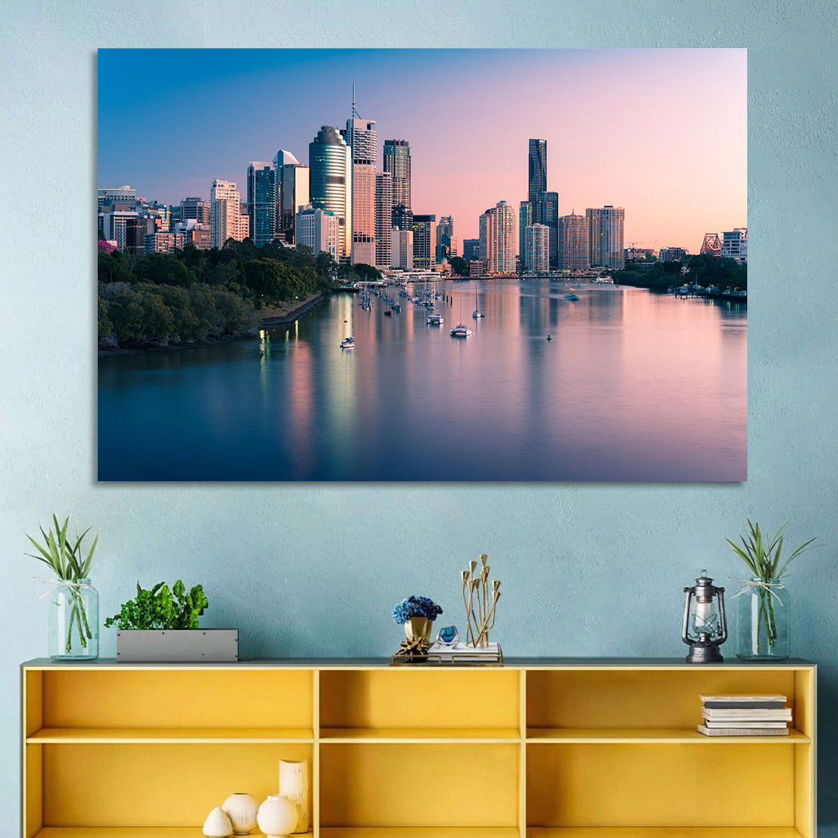 Brisbane River Skyline at Dusk Wall Art in a room, landscape