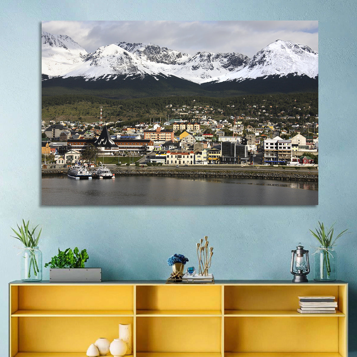 Ushuaia Harbor and Snowcapped Mountains Wall Art in a room, landscape