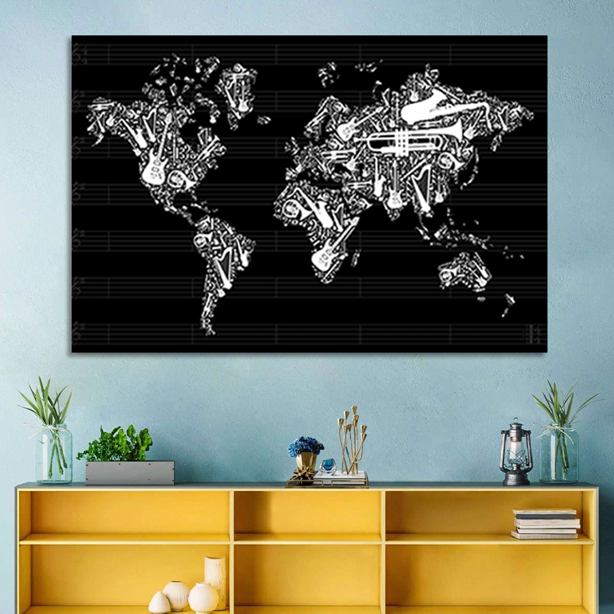 Instrument Silhouette World Map Wall Art in a room, landscape