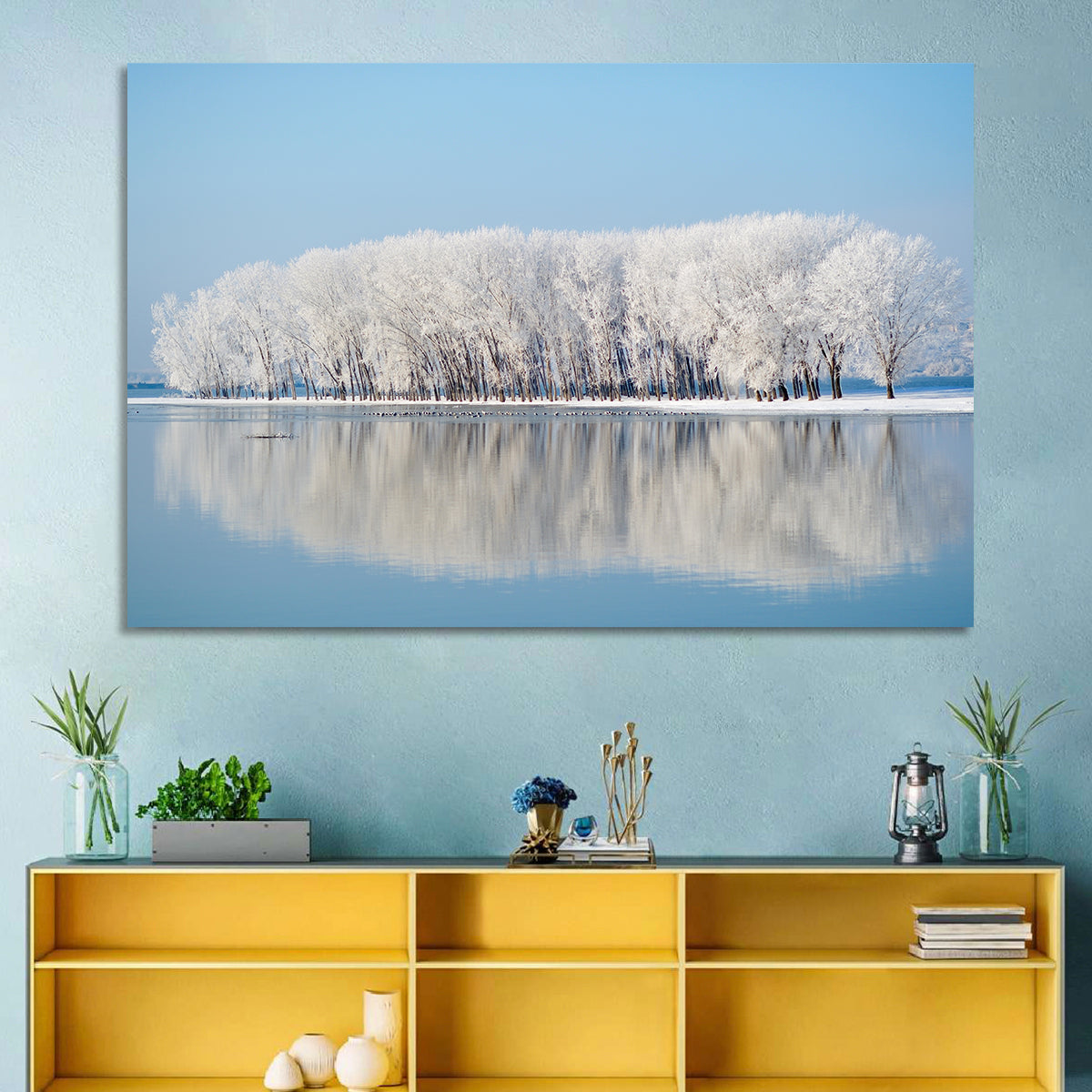 Frost Covered Lakeside Trees Wall Art in a room, landscape