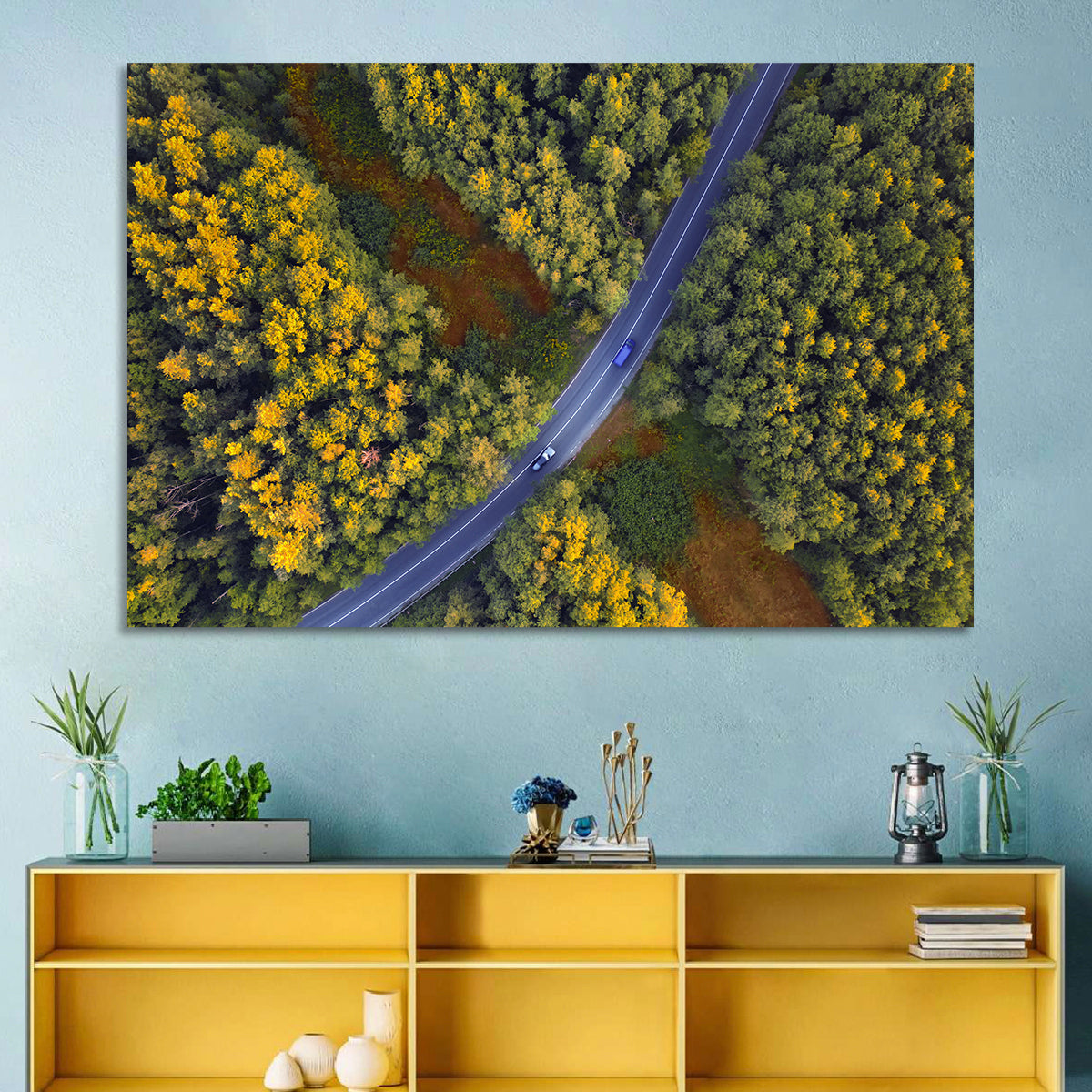 Aerial Autumn Forest Road Wall Art in a room, landscape