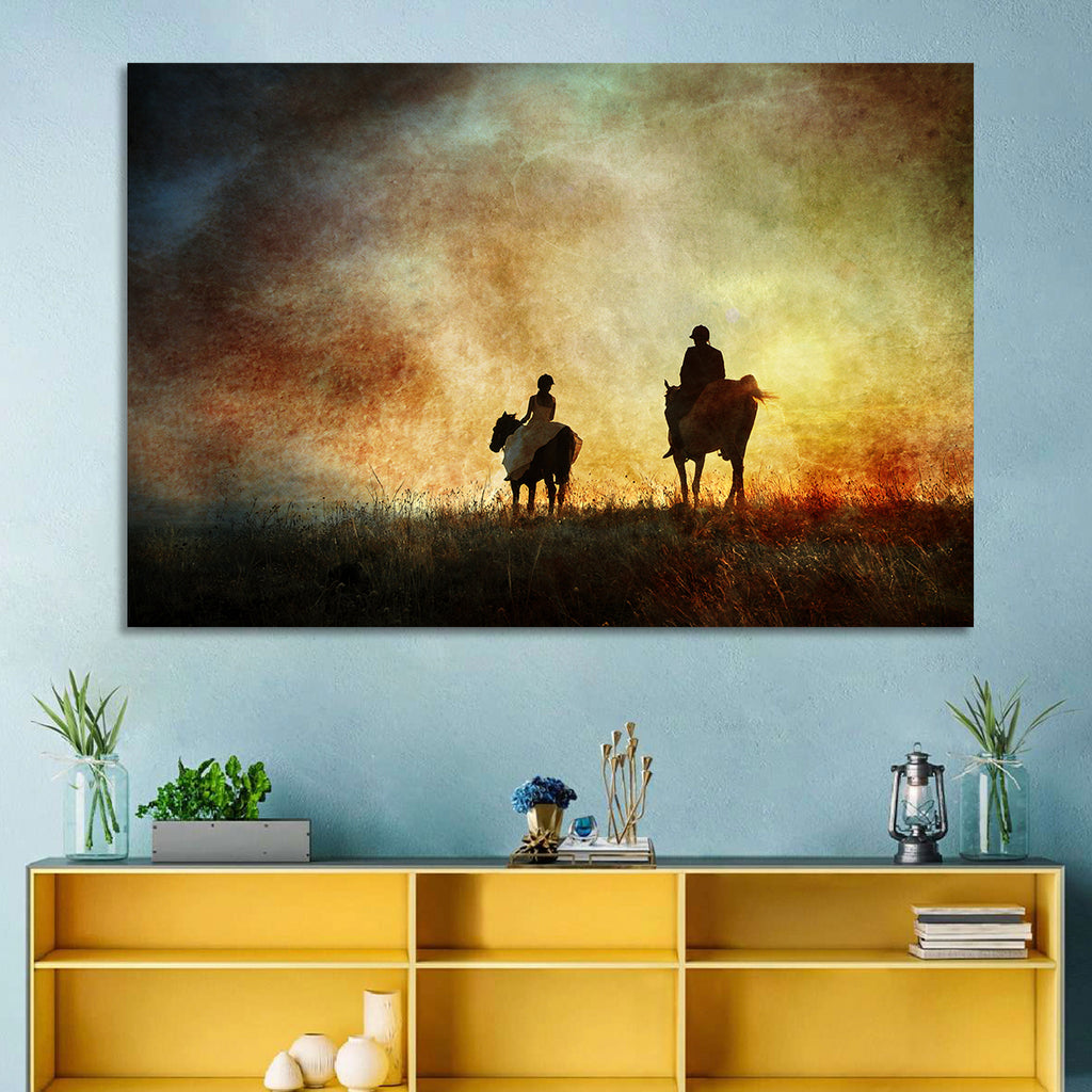 Silhouetted Horse Riders at Sunset Wall Art
