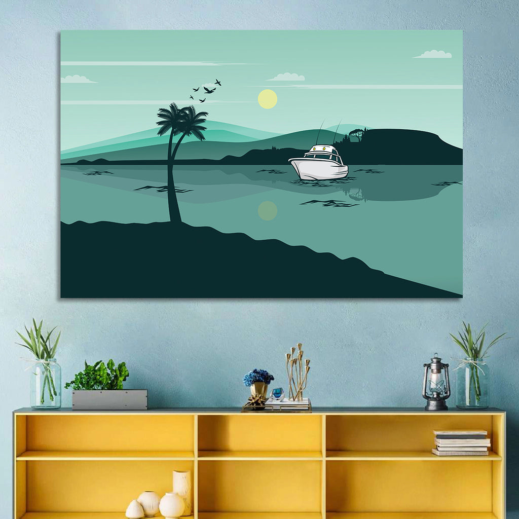 Teal Lake Boat with Palm Tree Wall Art