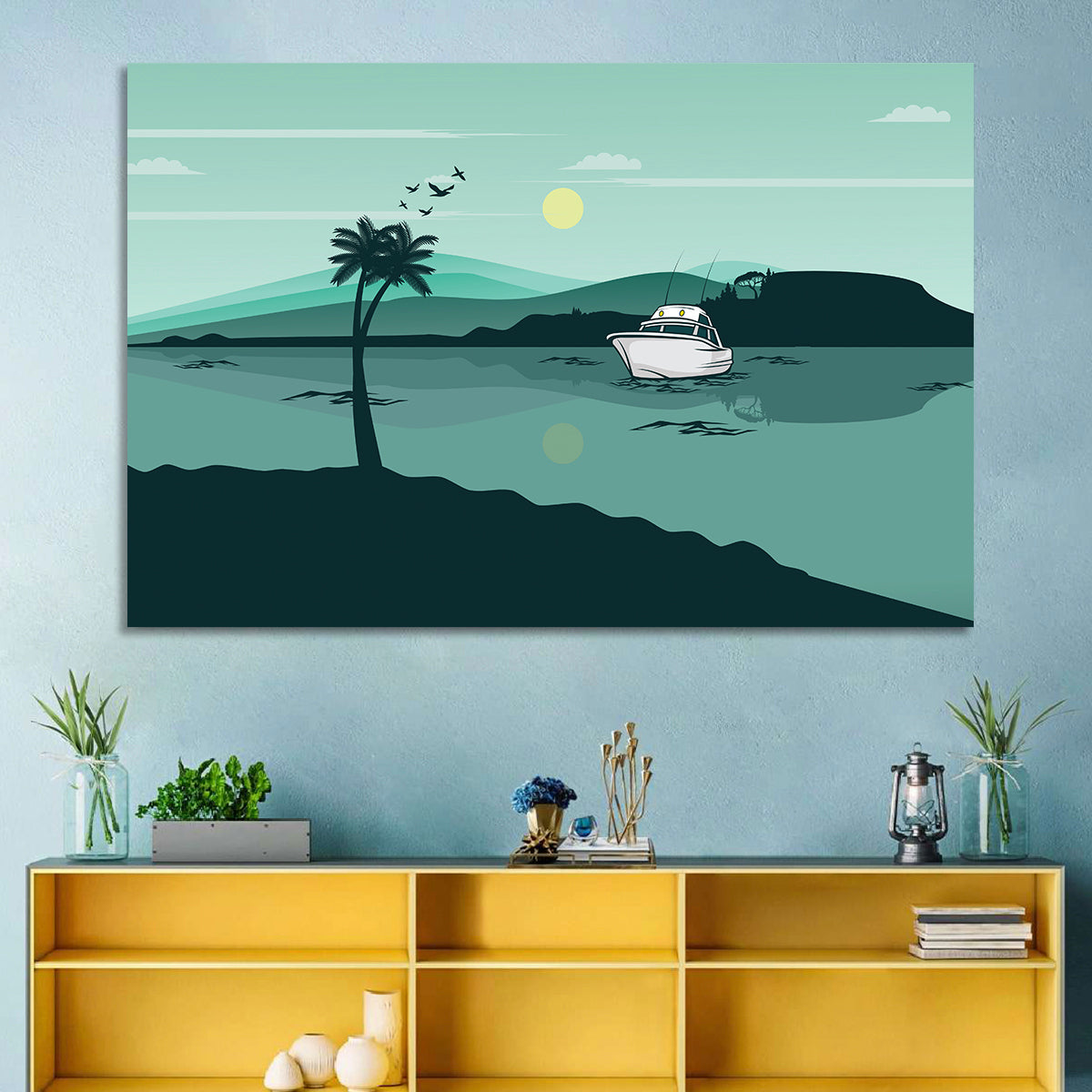 Teal Lake Boat with Palm Tree Wall Art in a room, landscape