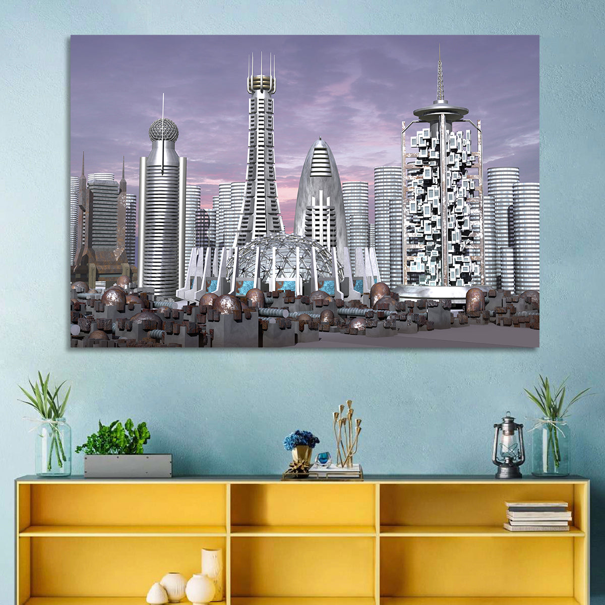 Purple Dusk Futuristic Cityscape Wall Art