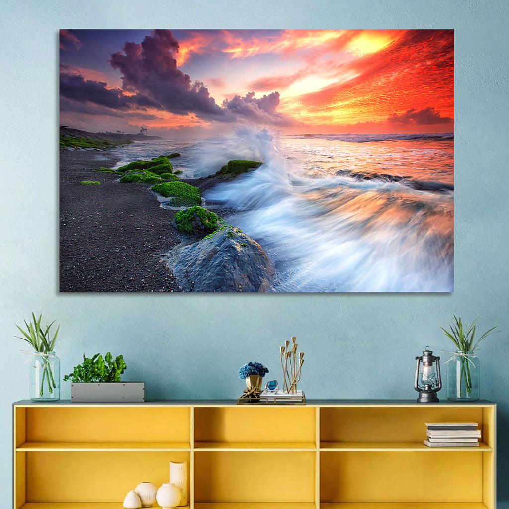 Ocean Waves Under Burning Sky Wall Art