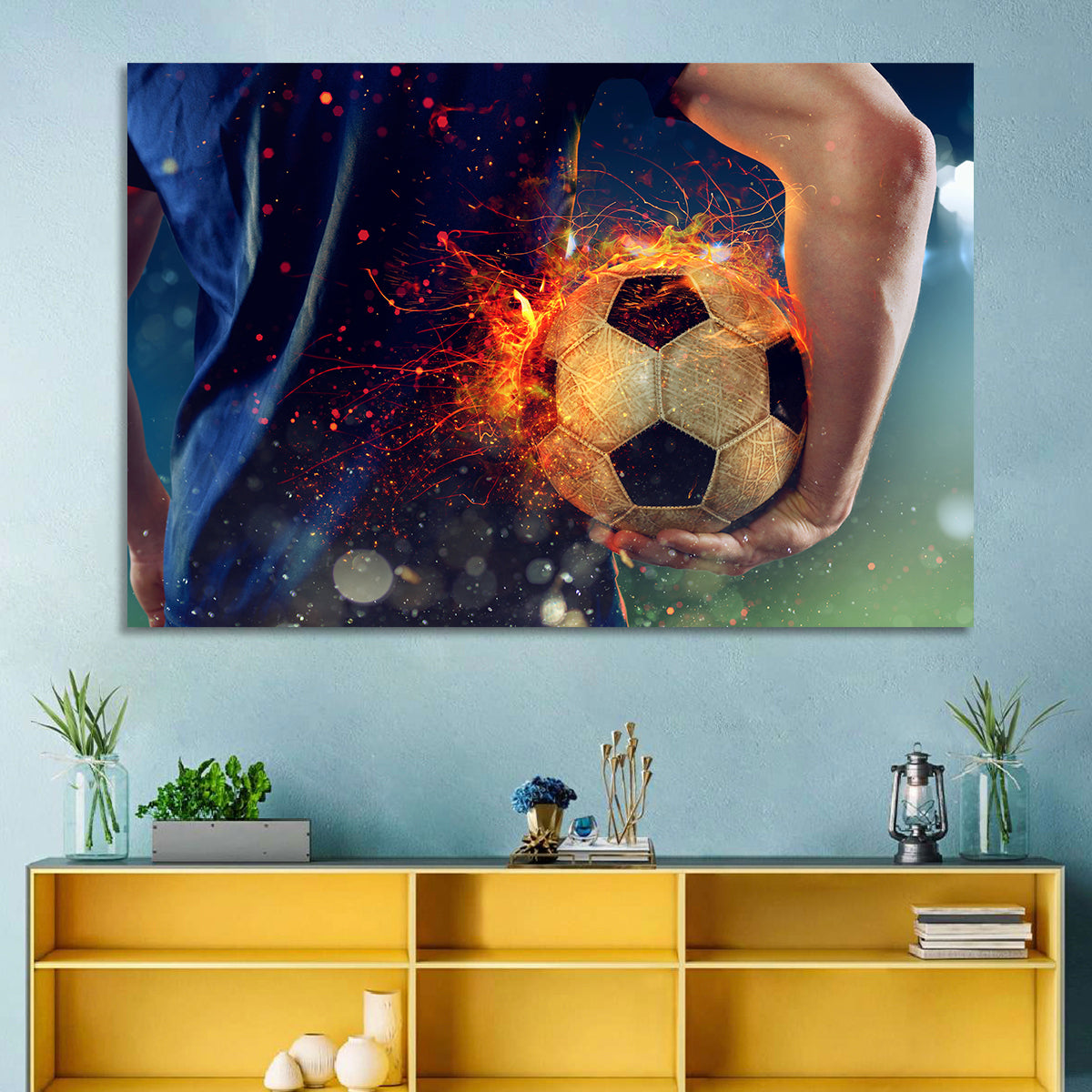 Fiery Soccer Ball and Blue Jersey Player Wall Art in a room, landscape