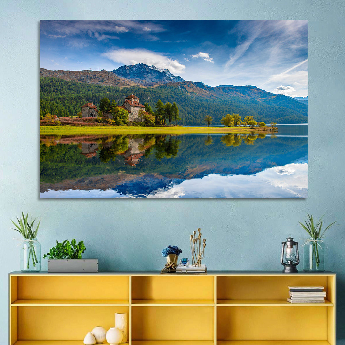 Lake Silvaplana with Crap Da Sass Wall Art in a room, landscape