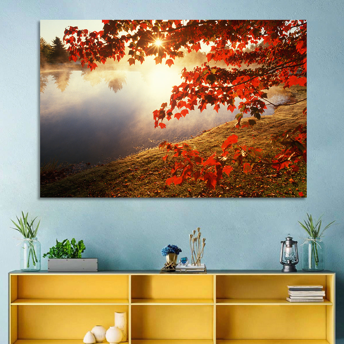 Autumn Pond Sunrise Connecticut Wall Art in a room, landscape