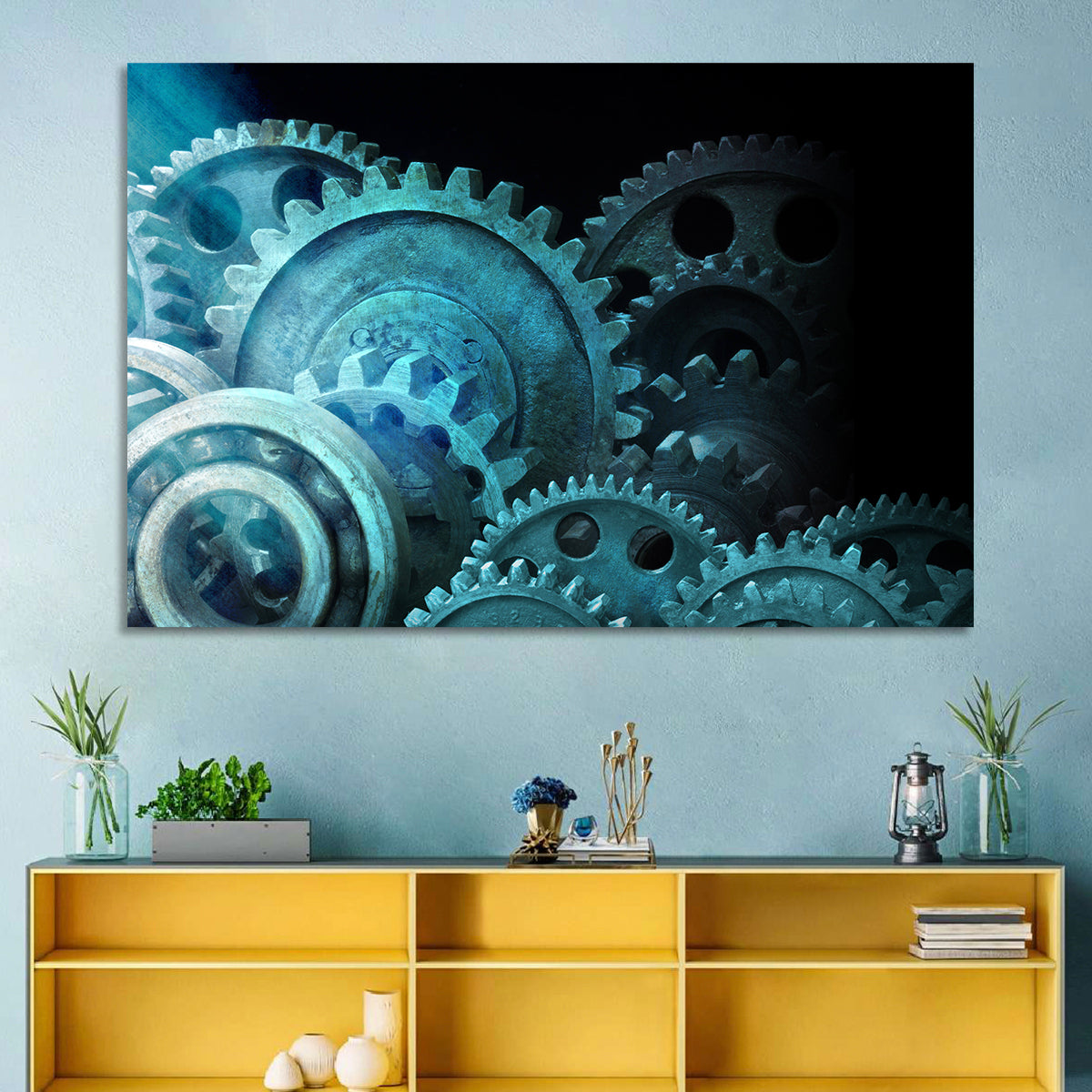 Teal and Steel Cogwheel Close-up Wall Art in a room, landscape