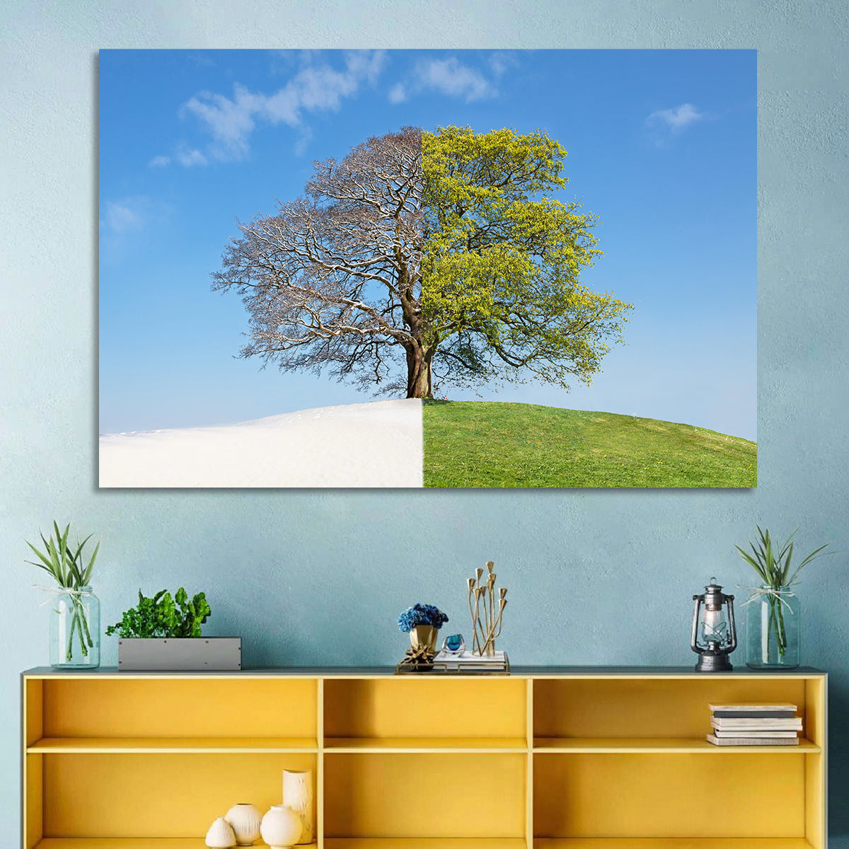 Split Season Tree Landscape Wall Art in a room, landscape