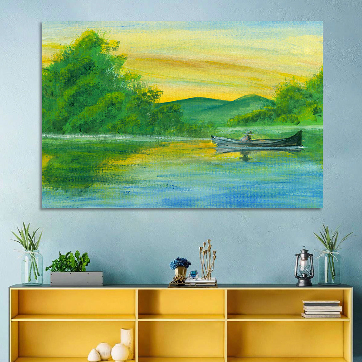 Rowboat on Serene Lake Watercolor Wall Art in a room, landscape