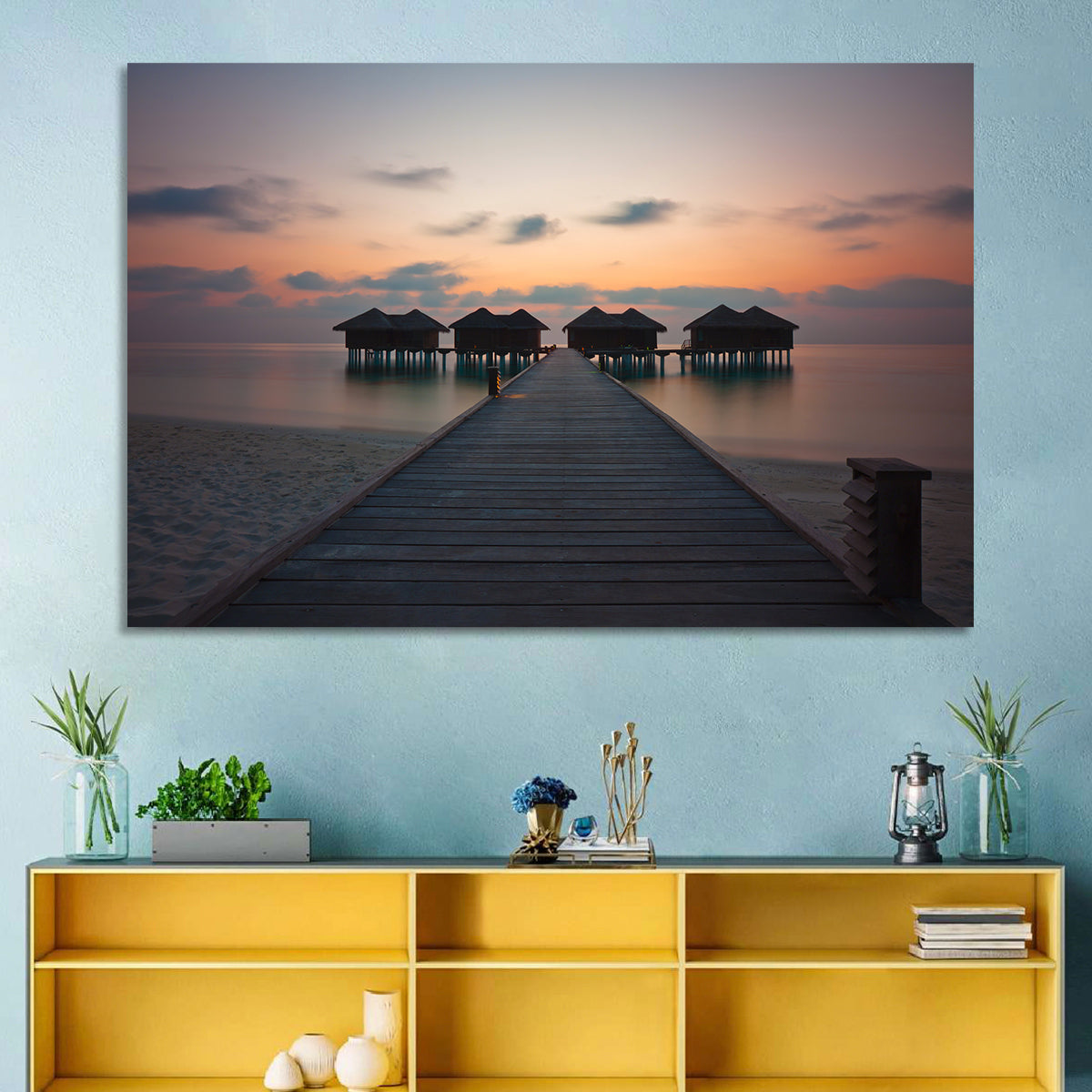 Overwater Bungalows at Sunset Wall Art in a room, landscape