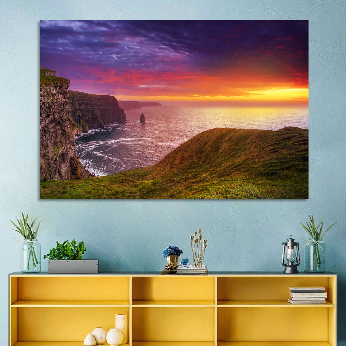 Cliffs of Moher Sea Stack at Sunset Wall Art in a room, landscape