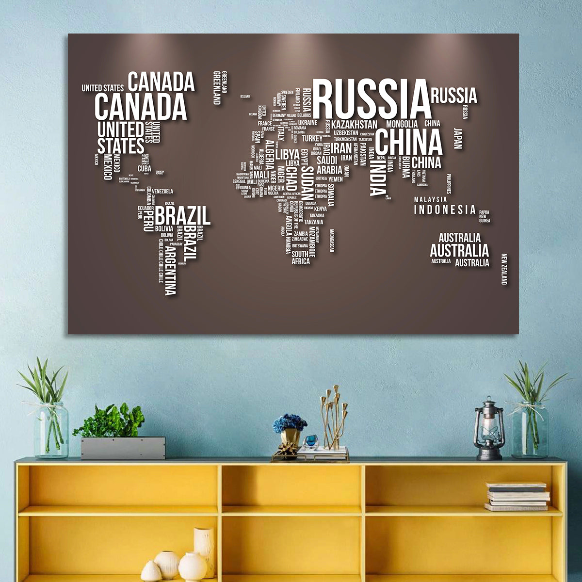 World Map Typography in Brown and White Wall Art