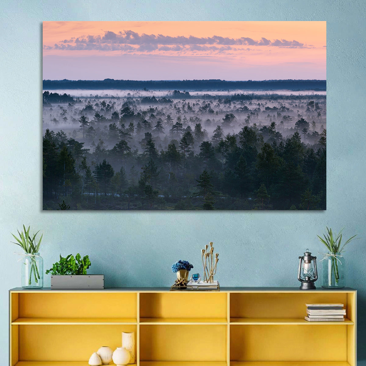 Estonian Misty Pine Landscape Wall Art in a room, landscape