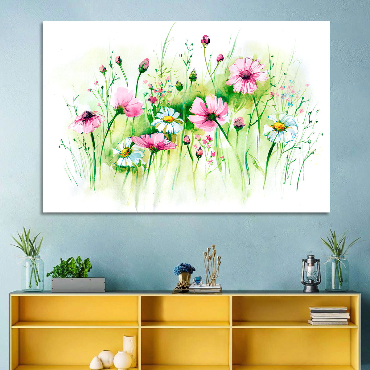 Airy Wildflower Meadow Watercolor Wall Art in a room, landscape