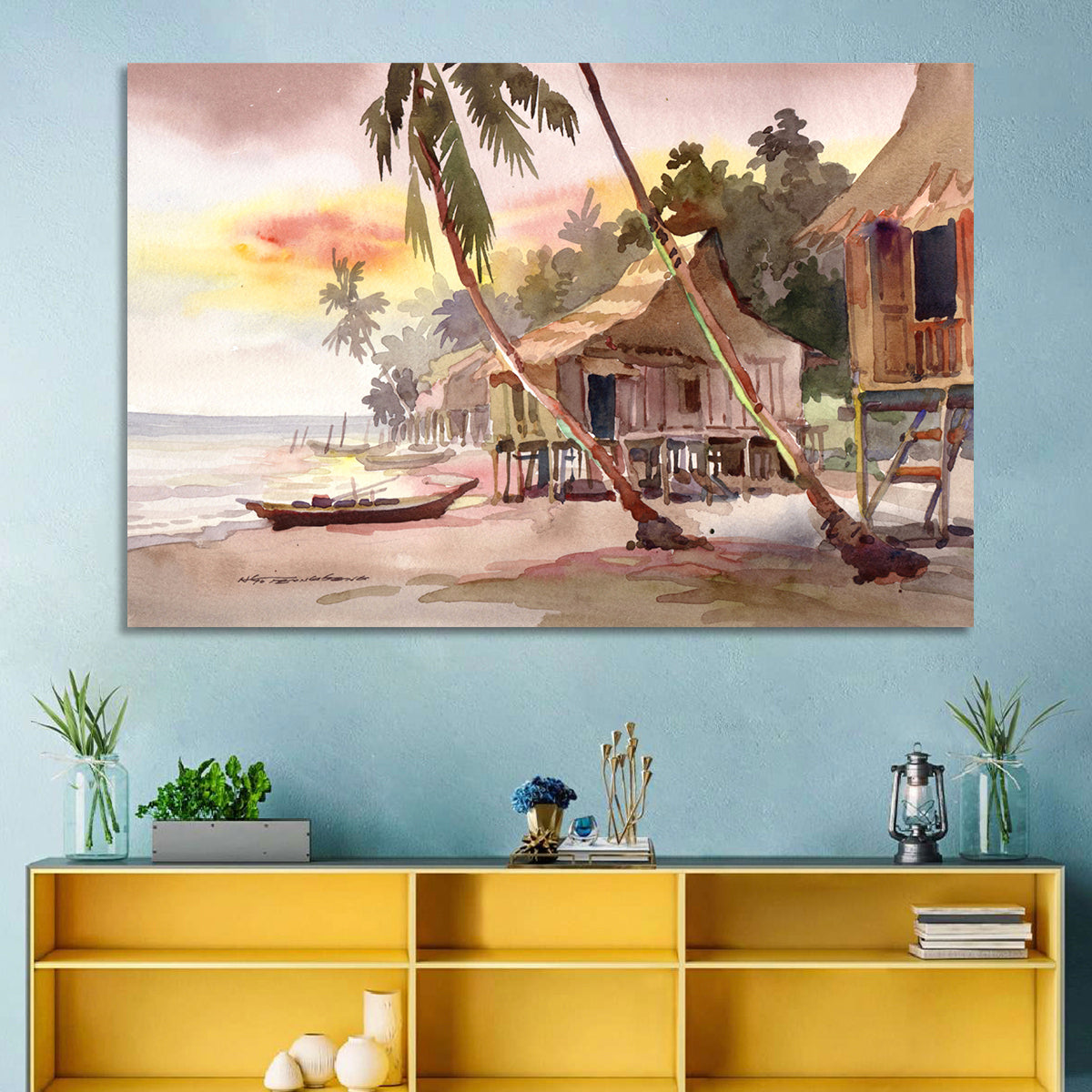 Malaysian Coastal Village at Sunset Wall Art in a room, landscape