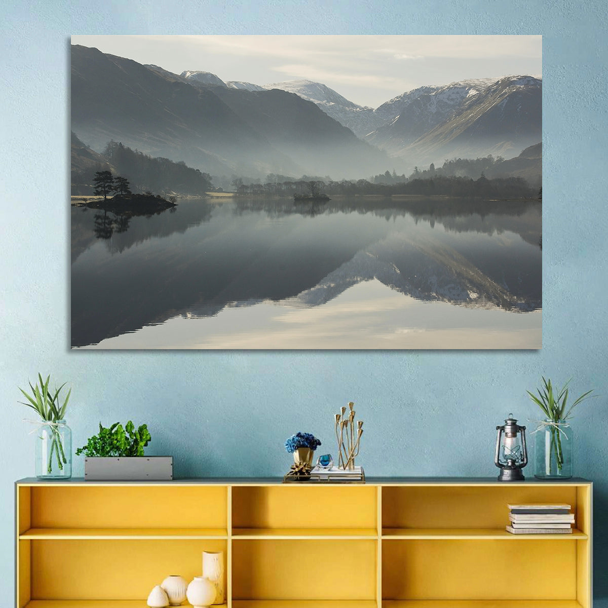 Lake Ullswater Morning Mist Wall Art in a room, landscape