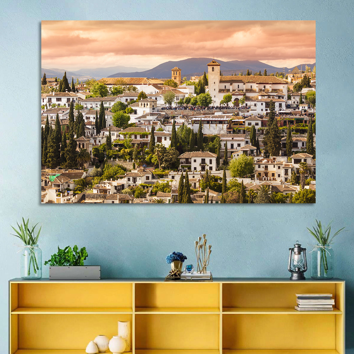 Granada Albaicín Sunset Cityscape Wall Art in a room, landscape