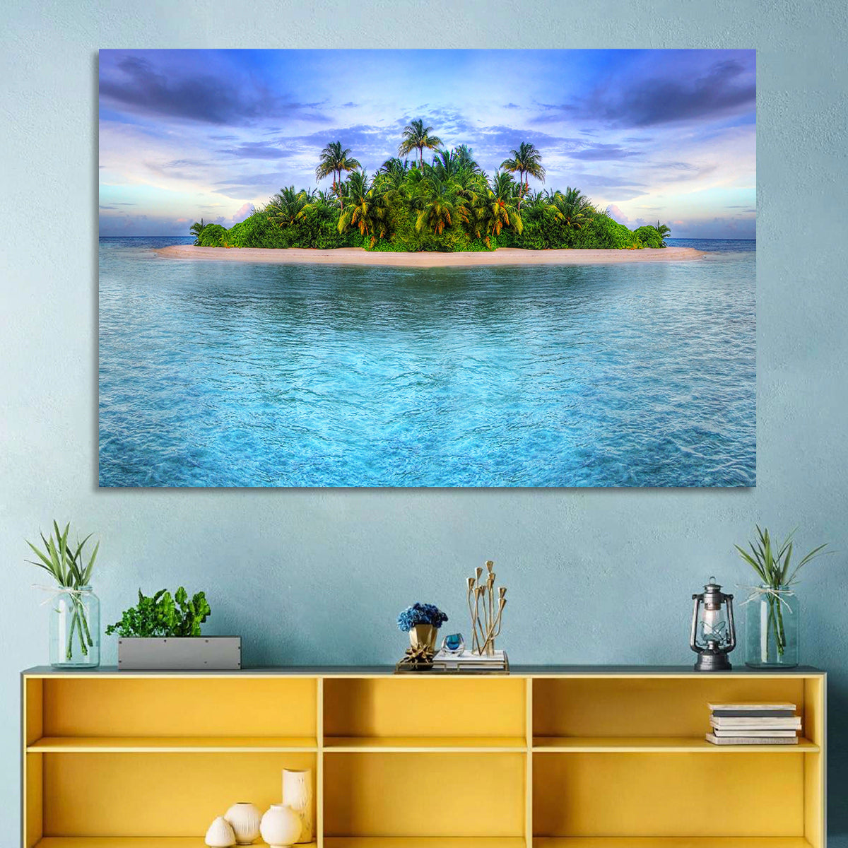 Mirrored Tropical Island Lagoon Wall Art in a room, landscape