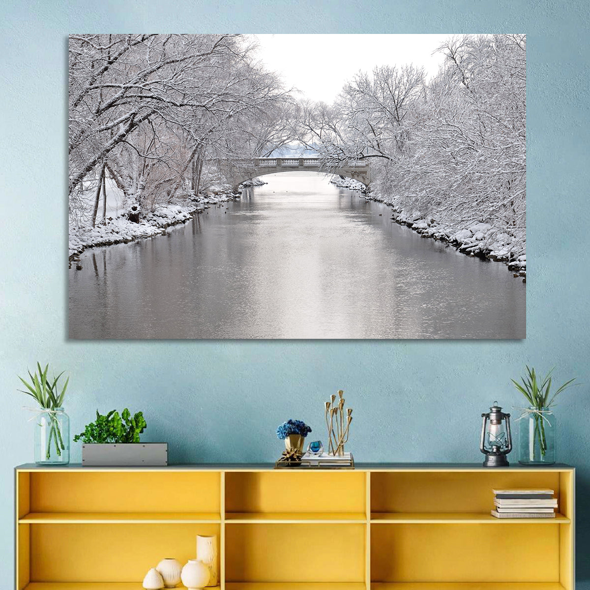 Yahara River Winter Stone Bridge Wall Art in a room, landscape